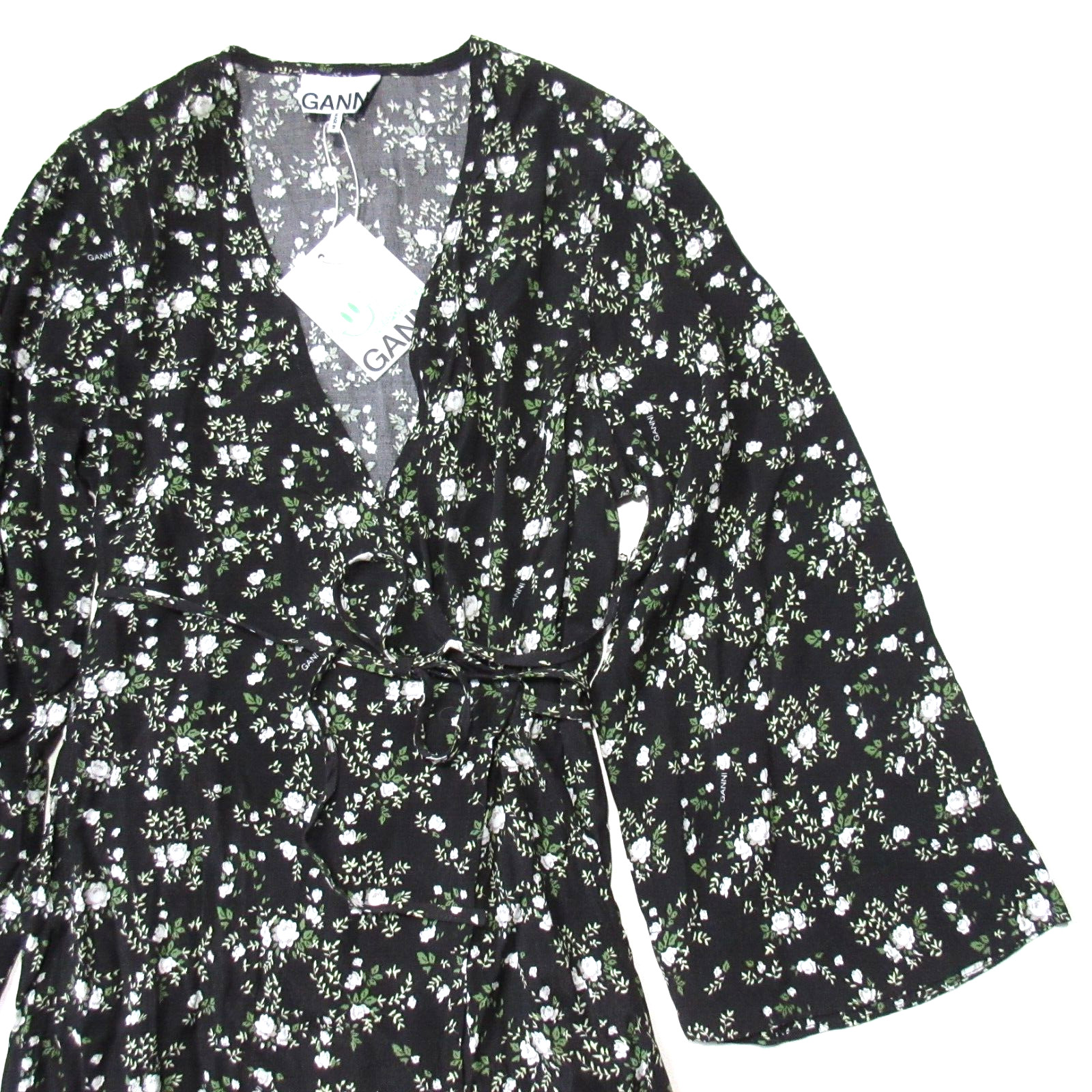 NWT GANNI Floral Printed Crepe Wrap Midi in Phantom Black Dress 34 US 2 $285