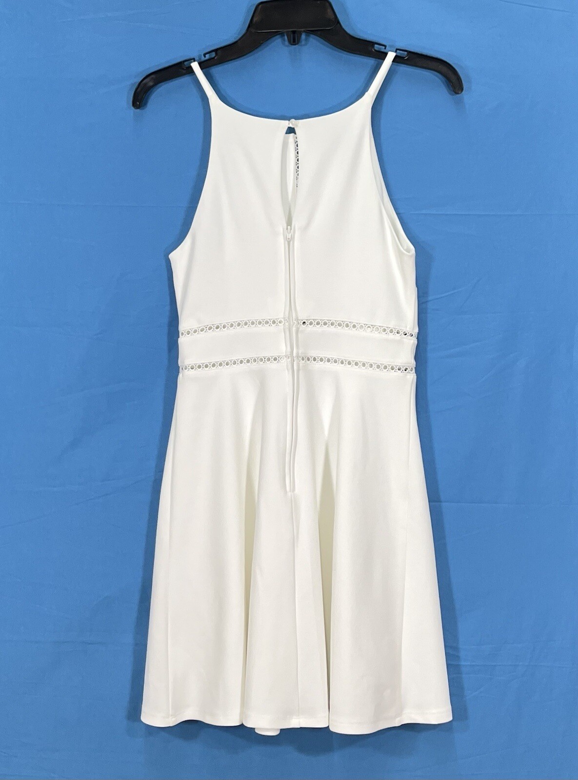 BY & BY White CREPE Lace Insert SLEEVELESS High Neck KEYHOLE BACK Skater Dress 1