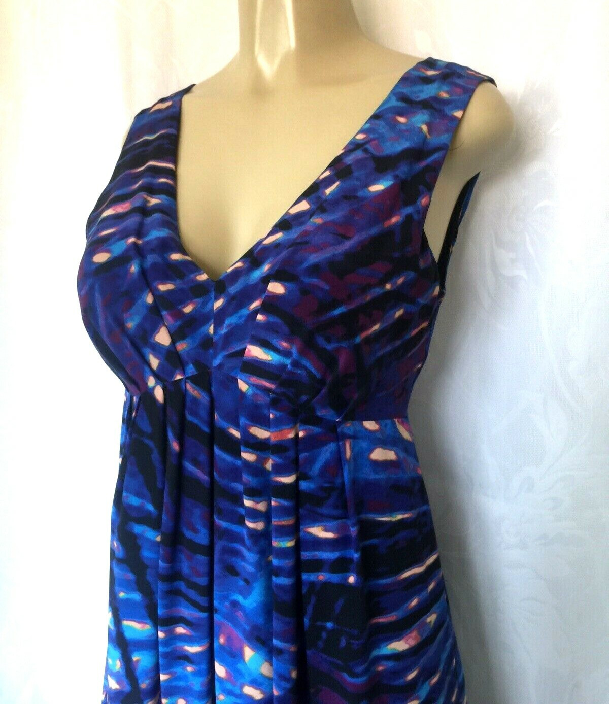 PRESLEY SKYE Print Silk Maxi Dress Blue Empire Waist Pleated Sleeveless S Lined
