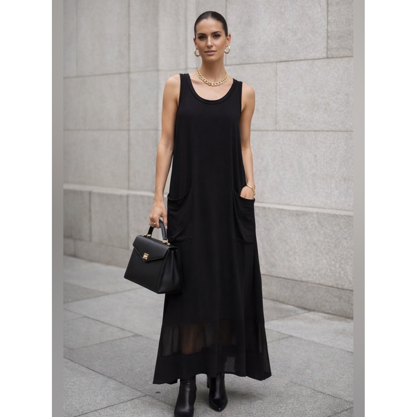 LUUKAA Black Maxi Dress Size 10 Sheer Hem Pockets Minimalist Luxe Sleeveless