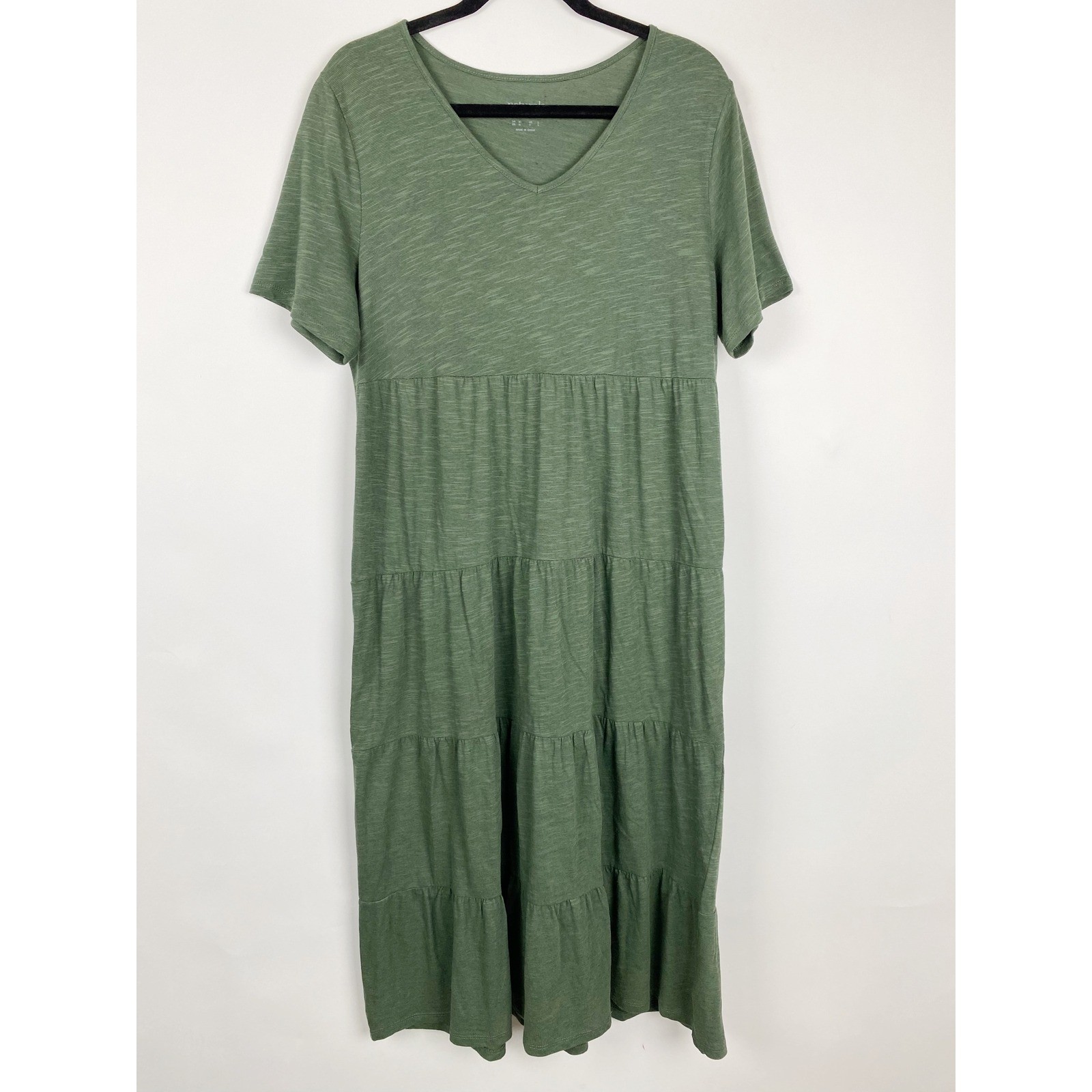 Naturals d&co Green Knit Linen Blend Tiered Midi Dress Womens Medium Slub