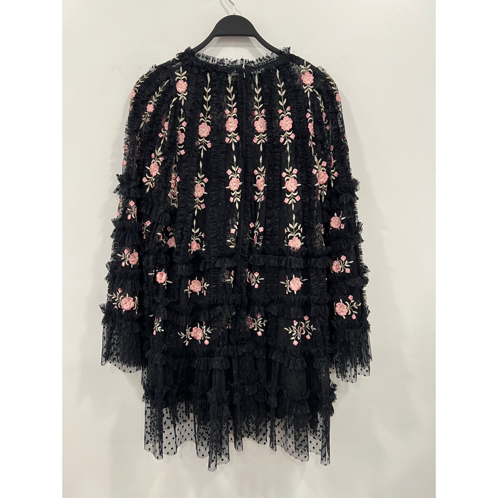 Mac Duggal Mini Dress Womens 8 Black Pink Floral Embroidered Tulle Tiered Ruffle