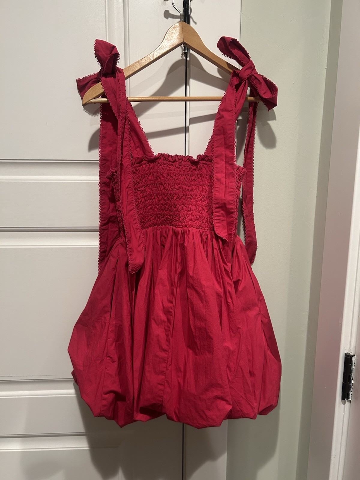LoveShackFancy Smocked Bow Strap Bubble Hem Mini Dress XS Pink