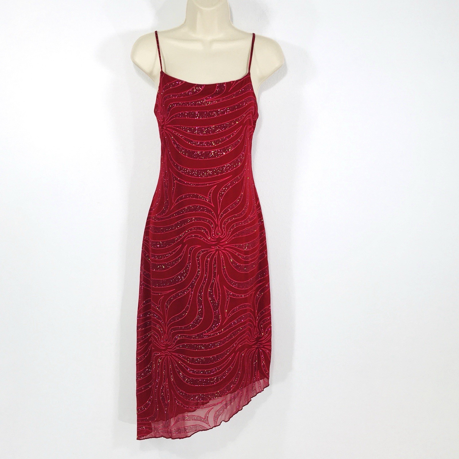 VTG My Michelle Sz L Red Sparkle Asymmetrical Midi Y2K Dress Fairy WhimsyGoth