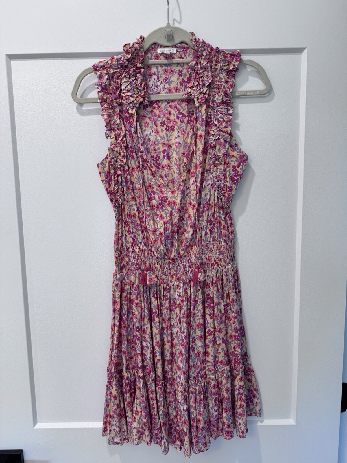 Poupette St Barth Pink Floral V-Neck Smocked Ruffle Tassel Cotton Mini XS