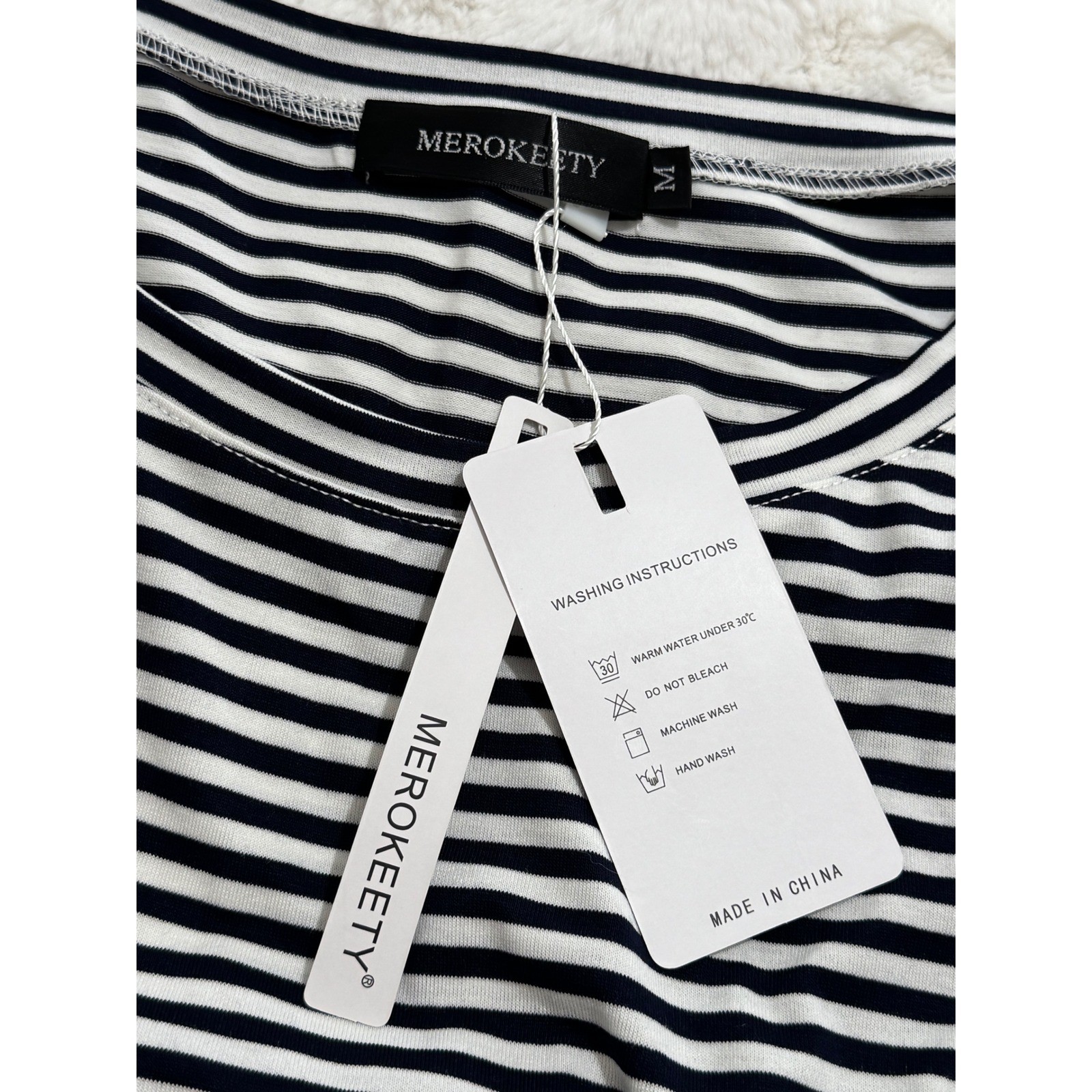 NWT MEROKEETY Navy White Stripe Tie Waist Knee Length Dress Short Sleeve Sz M