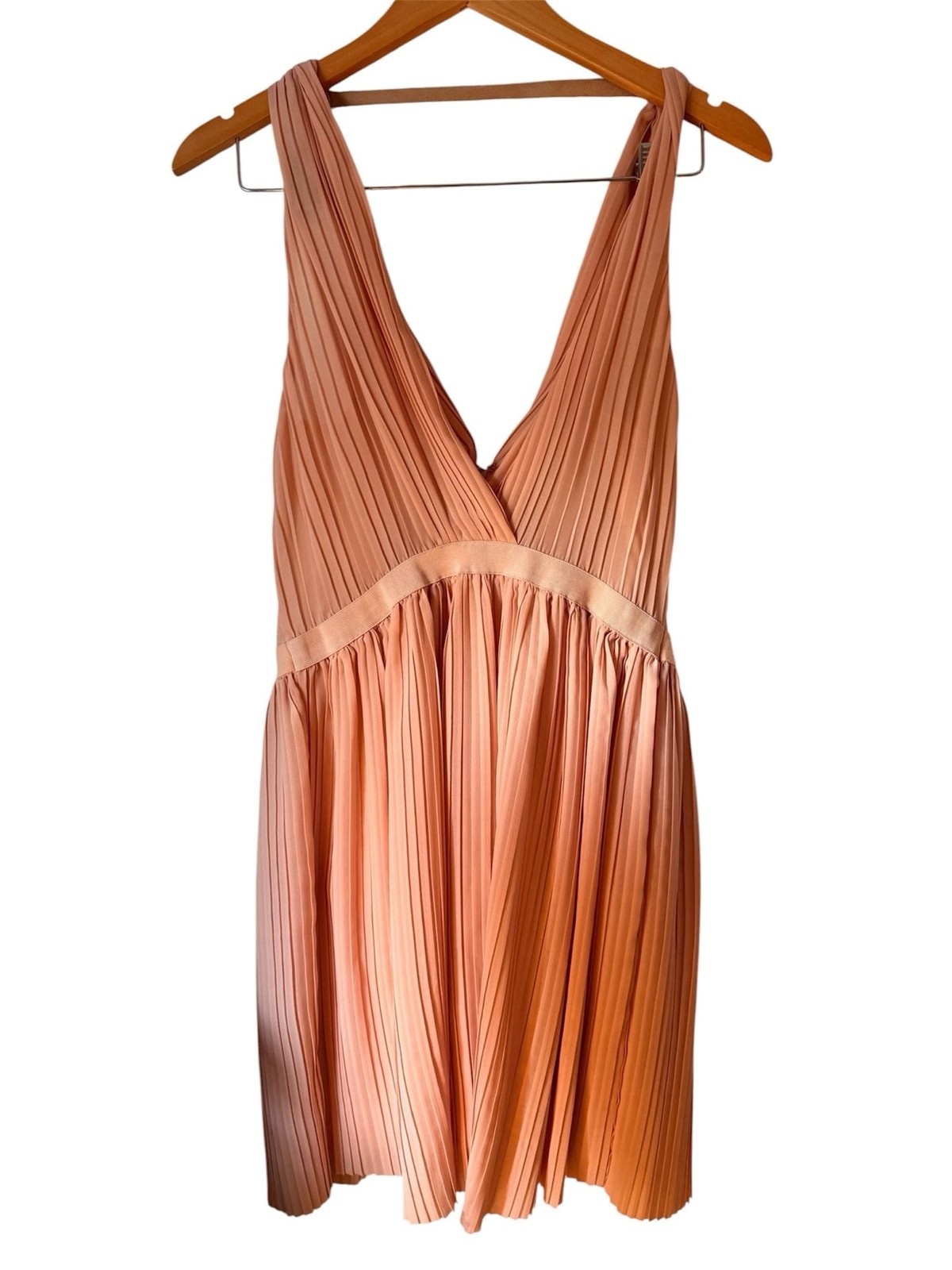Maje Peach Pleated V-Neck Sleeveless Midi Dress