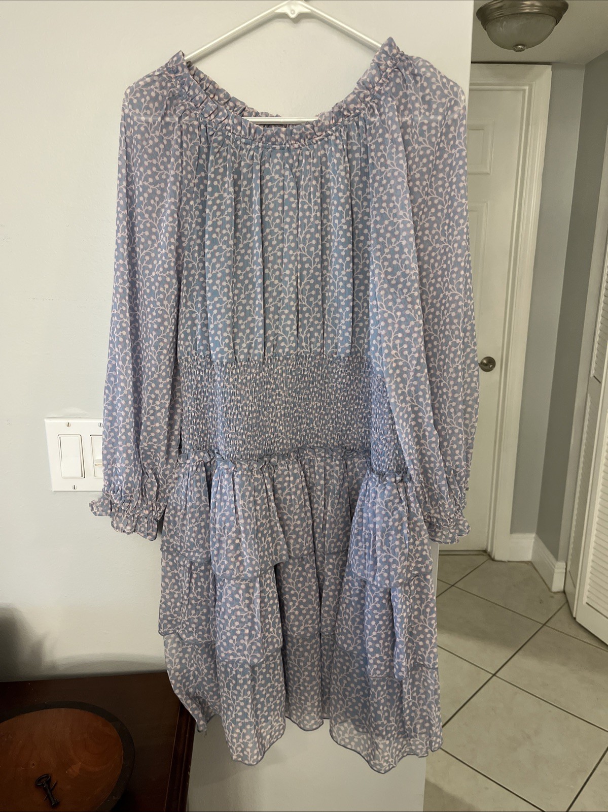 French Connection Blue Floral Long Sleeve Mini Dress With Pink Accents, 12/XL