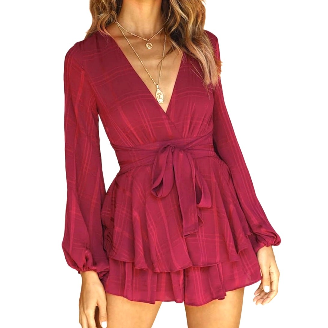 Women’s Romper Double Layer Tie Waist Red Size XXL 2XL V Neck Stripe Balloon NEW