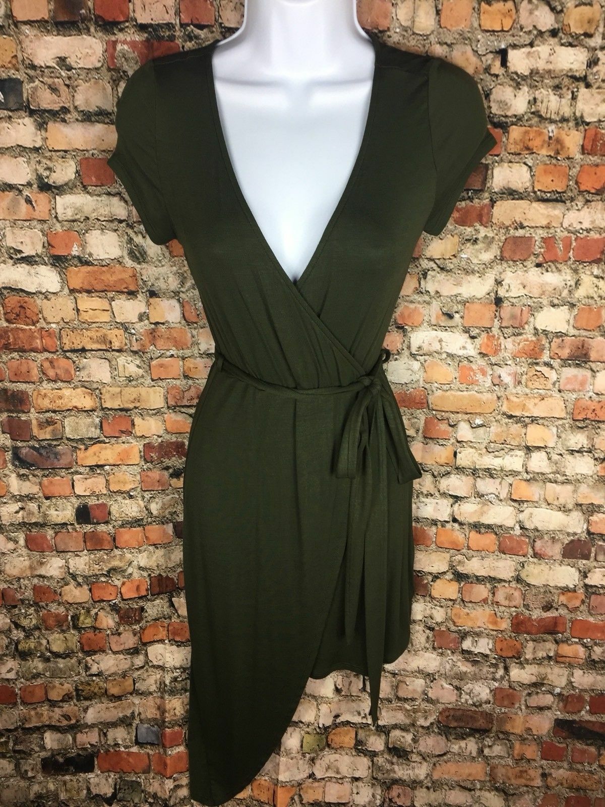 Poetry Asymmetrical Mini Wrap Dress Olive Green Stretch Soft V Neck Vintage New