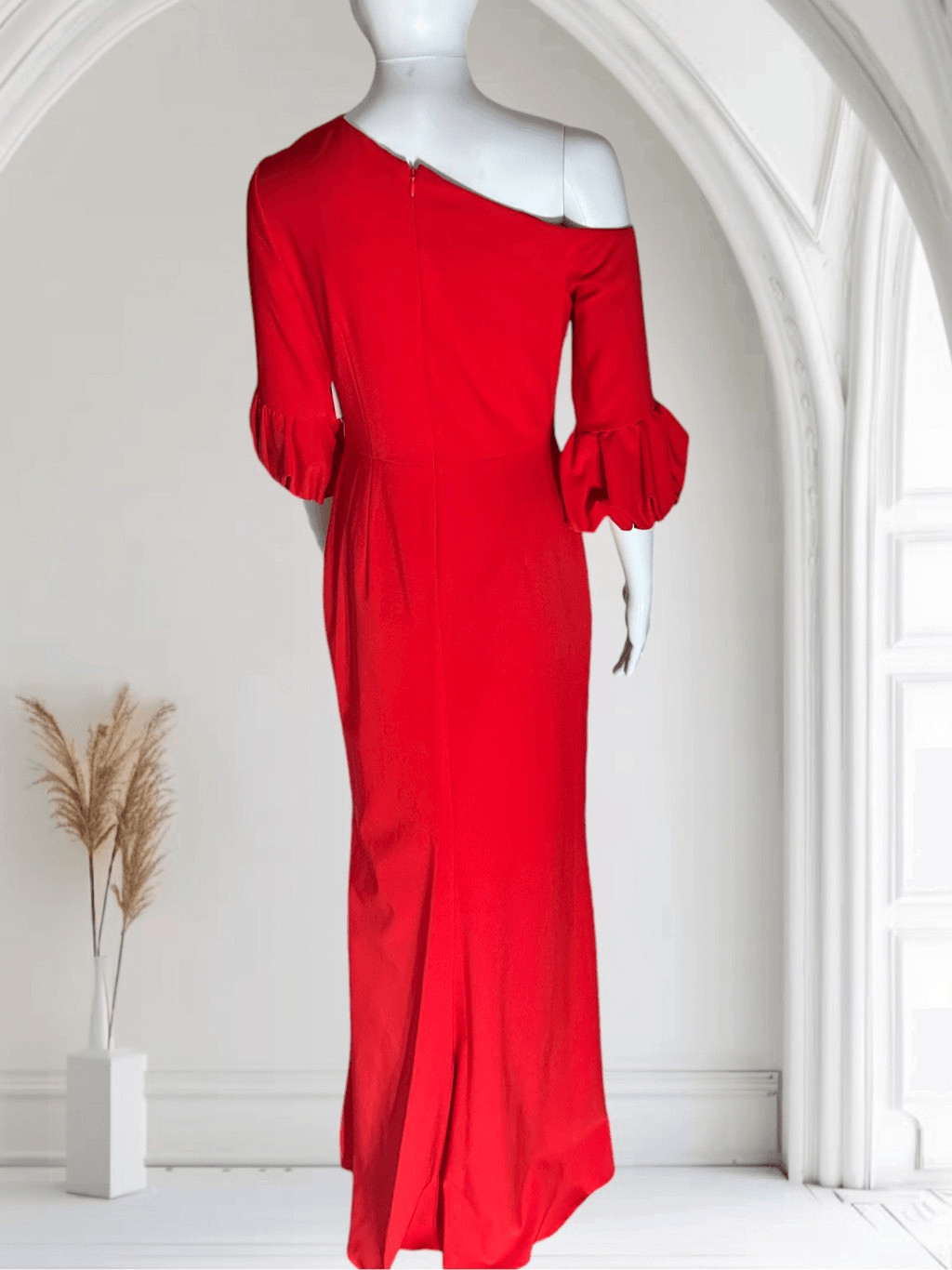 Aidan Mattox Asymmetrical Neck Line 3/4 Sleeve Red Gown