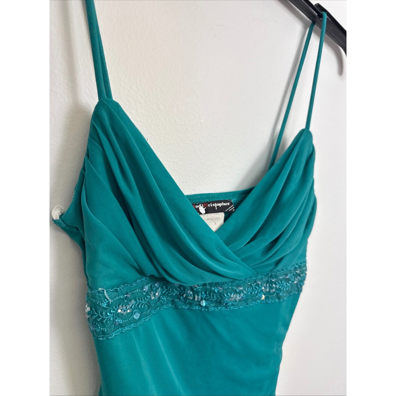 Jodi Kristopher Teal Sequin Beaded Ruffle babydoll Cocktail Dress Womens size M