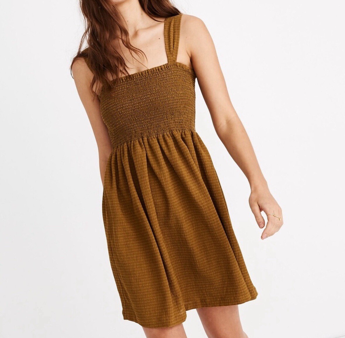 Madewell Texture & Thread Smocked Dress in Spiced Olive