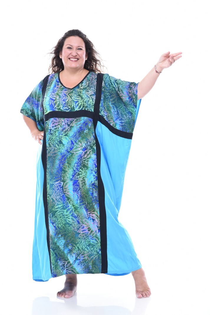 Flat Rayon V Neck Beautiful Blue Greens Caftan Dress 0X 1X 2X 3X 4X 5X Bust 78″