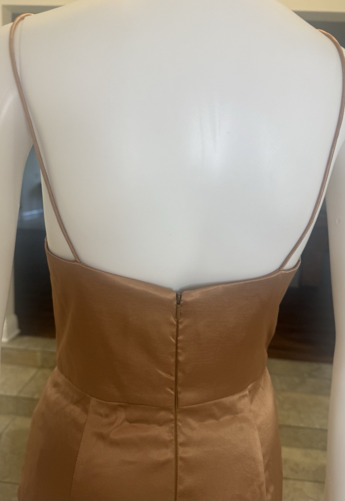 After Six Stretch Satin Toffee Halter Midi Dress with Draped Tulip Skirt Size 2R