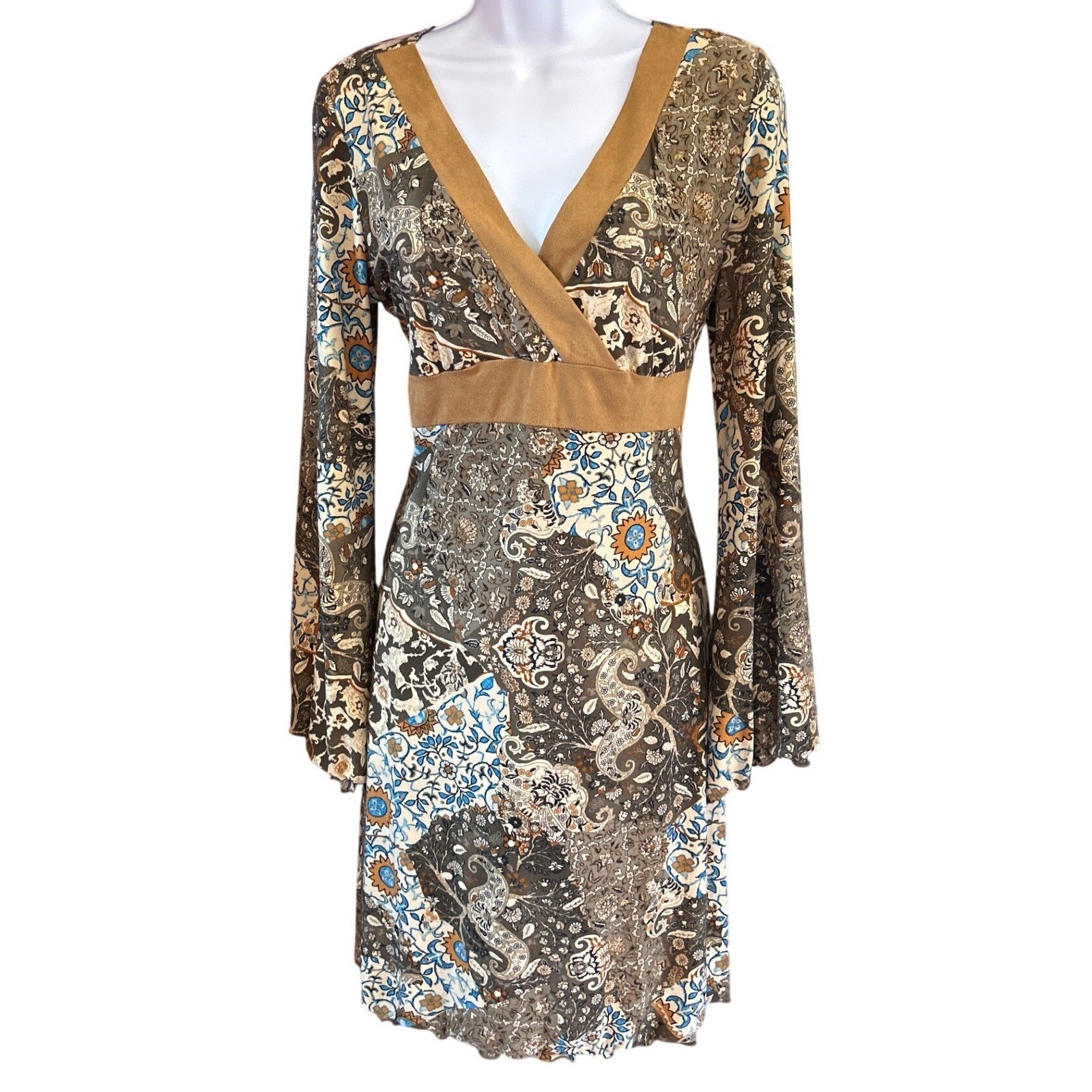 Vintage 90s California Concepts Paisley Bell Sleeve Dress Boho Retro Hippie Chic