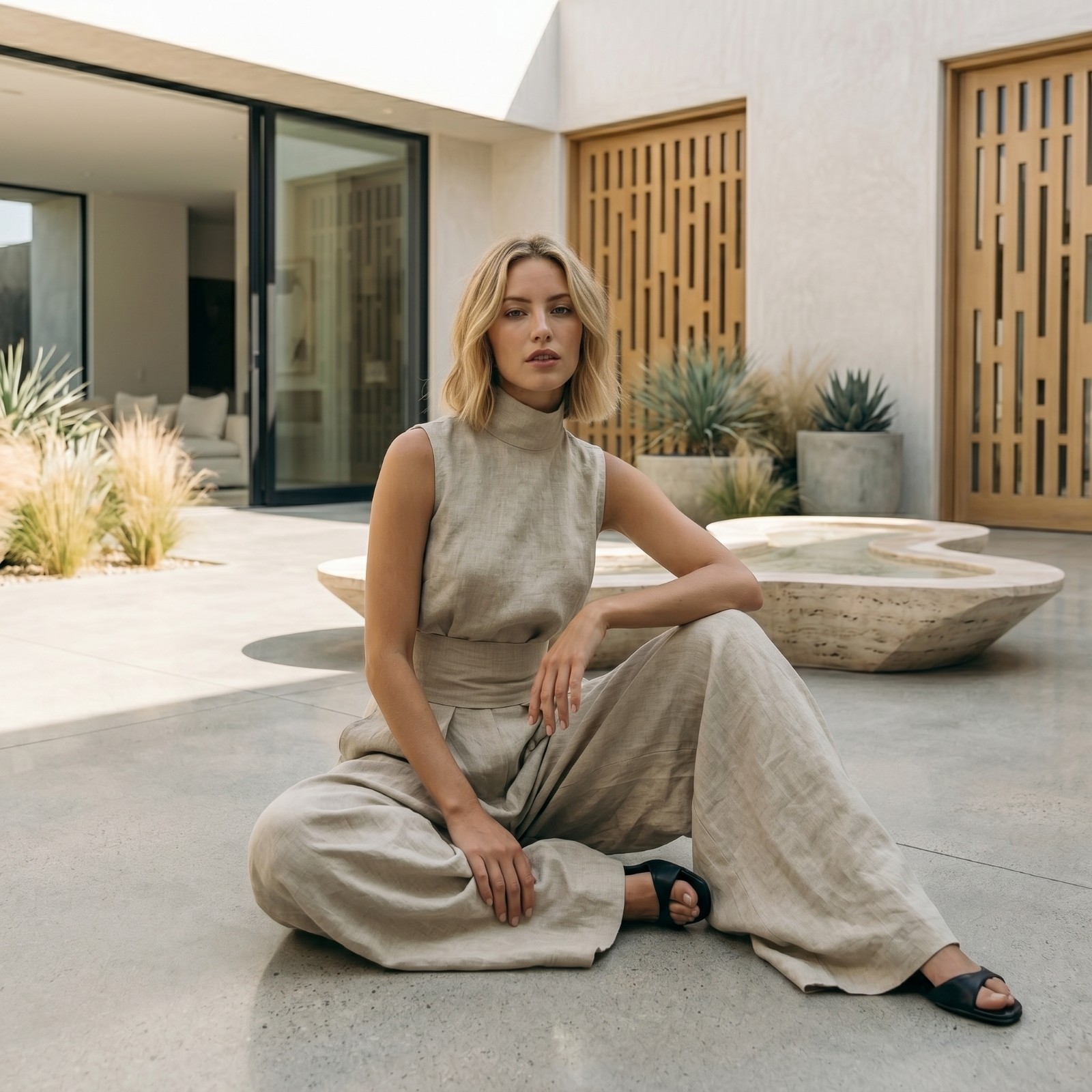 Linen Two Piece Set Mock Neck Sleeveless Top Wide Leg Pants Jumpsuit Matching