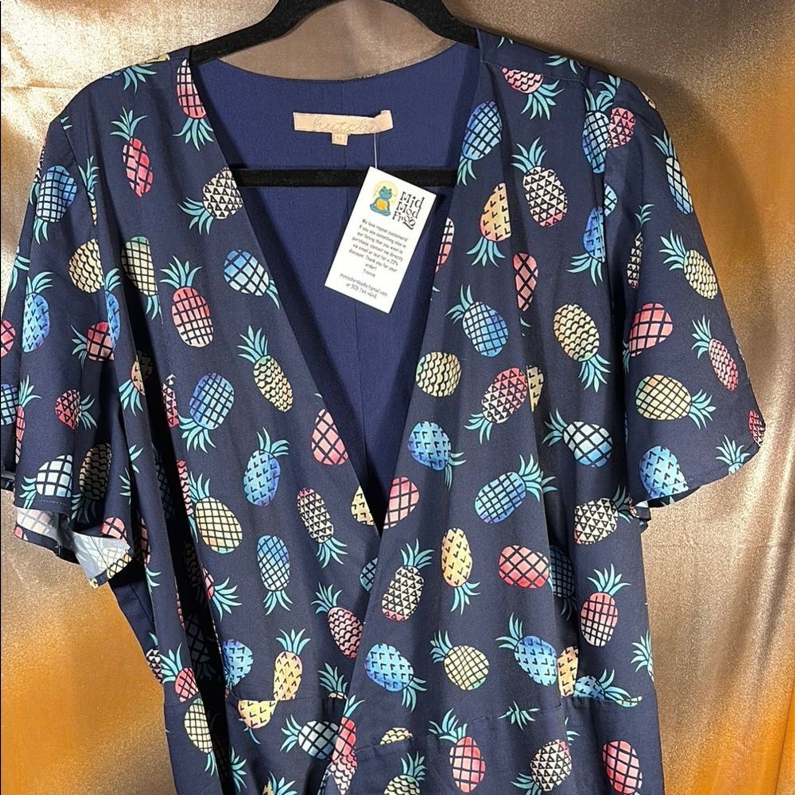 1X Hutch‎ Colorful Pineapple Print Wrap Dress hi-low hem maxi flutter sleeve F1