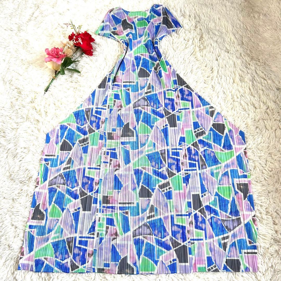 PLEATS PLEASE ISSEY MIYAKE 23SS CANAL Print French Sleeve Maxi Dress Size L