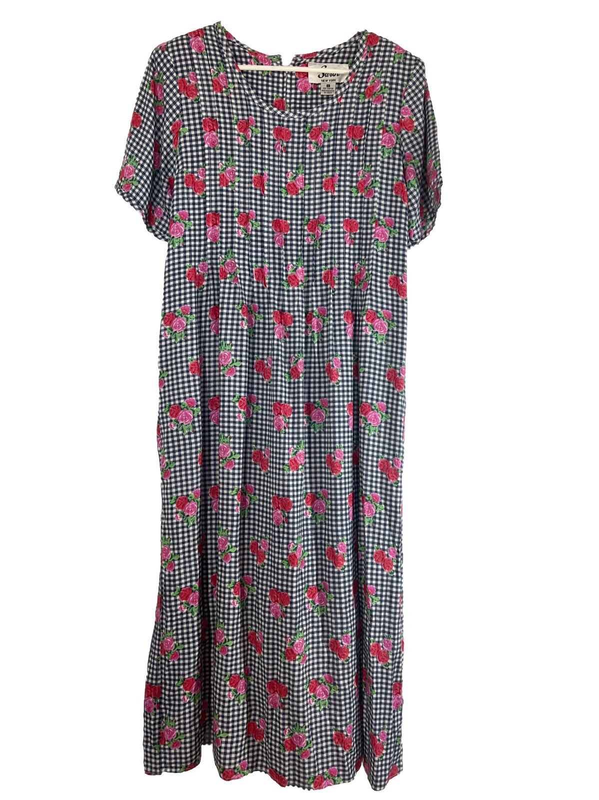Vintage 90’s Sarin New York 100% Rayon Navy Check Pink Flowers Sz Small Oversize