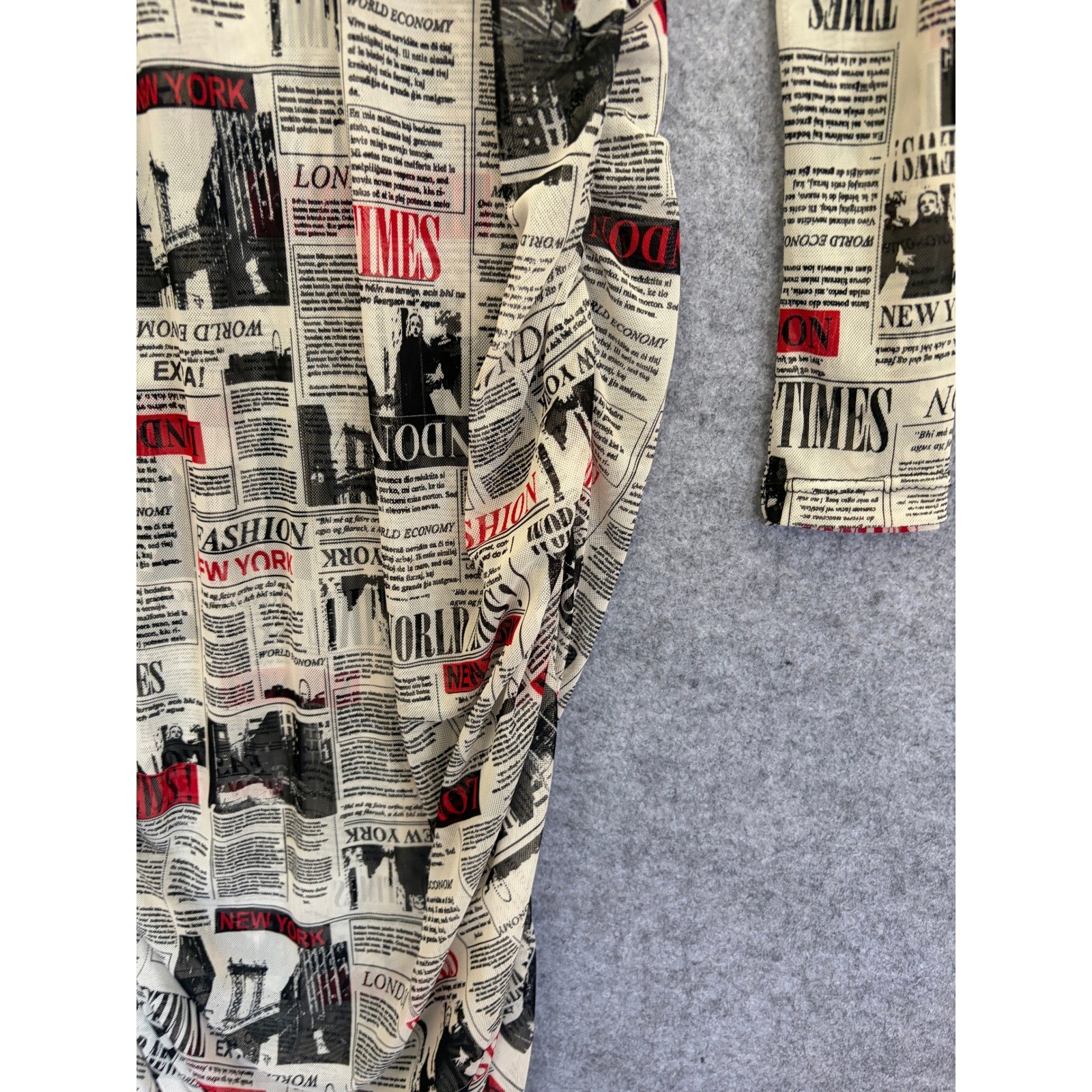 OBJEX Newspaper Print Mesh Ruched Long Sleeve Midi Bodycon Dress Black Red White