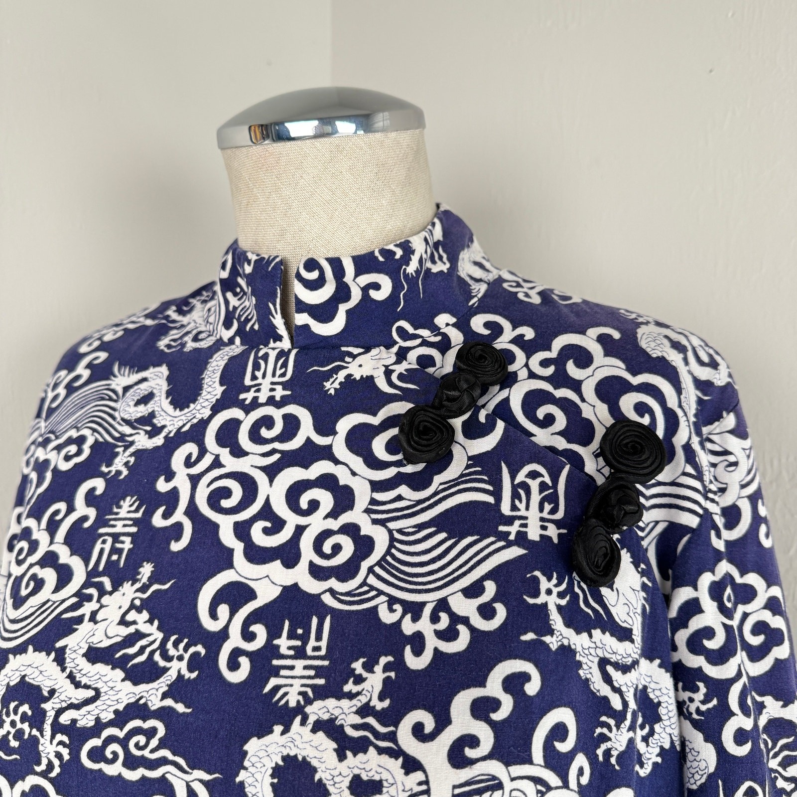 Vintage Chinese Style Maxi Dress Blue Dragon Print High Neck Asian Handmade