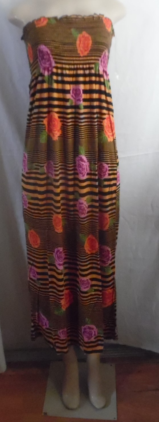 LONG PINK BLACK GOLD STRIPE ROSES MAXI DRESS STRAPLESS 2X