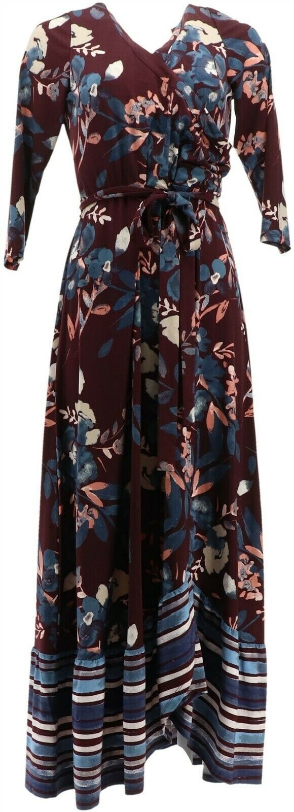 Du Jour Regular Floral Printed Faux Wrap Knit Maxi Dress-Deep Burgundy-XS
