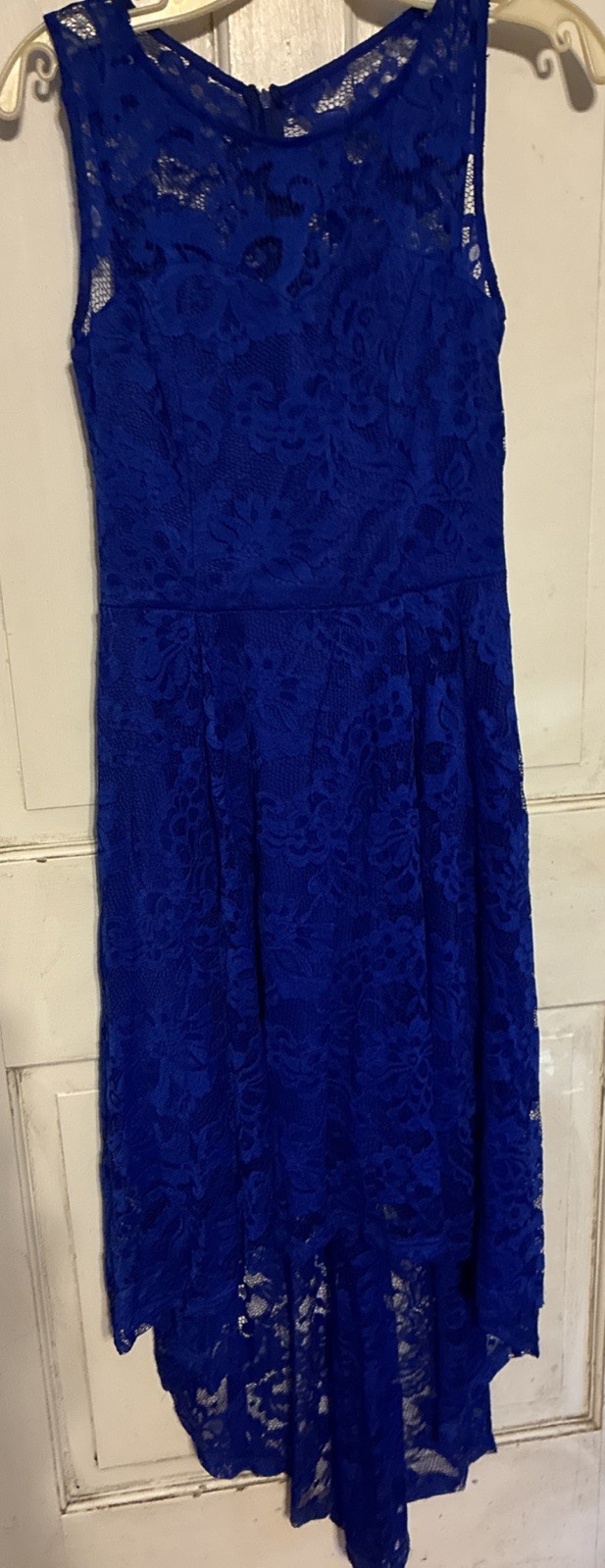 Muadress Sapphire Blue Lace Jewel Neckline High-low Hemline Lined Dress Size S