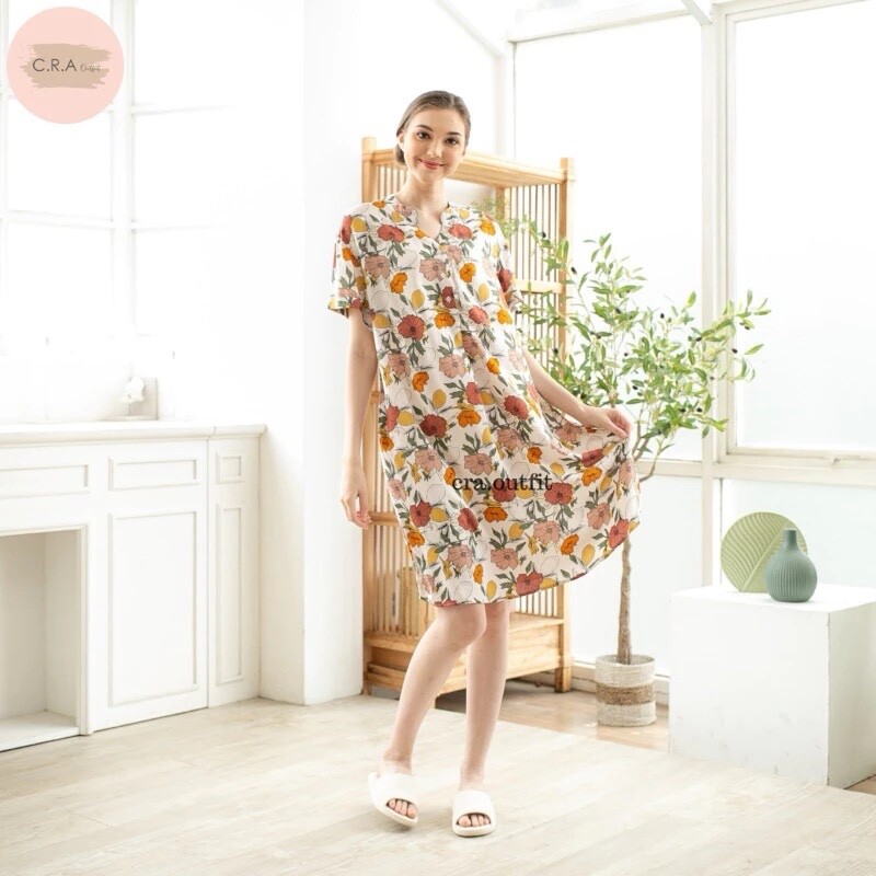0001/ Three Buttons Mandarin Neck Dress, Lightweight, Homewear, Loose Dress