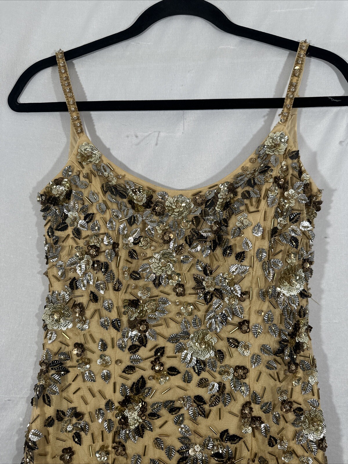 NWT $598 Mac Duggal [ 0 ] 5477 Floral Embellished Scoop Neck Gown Gold #S1598