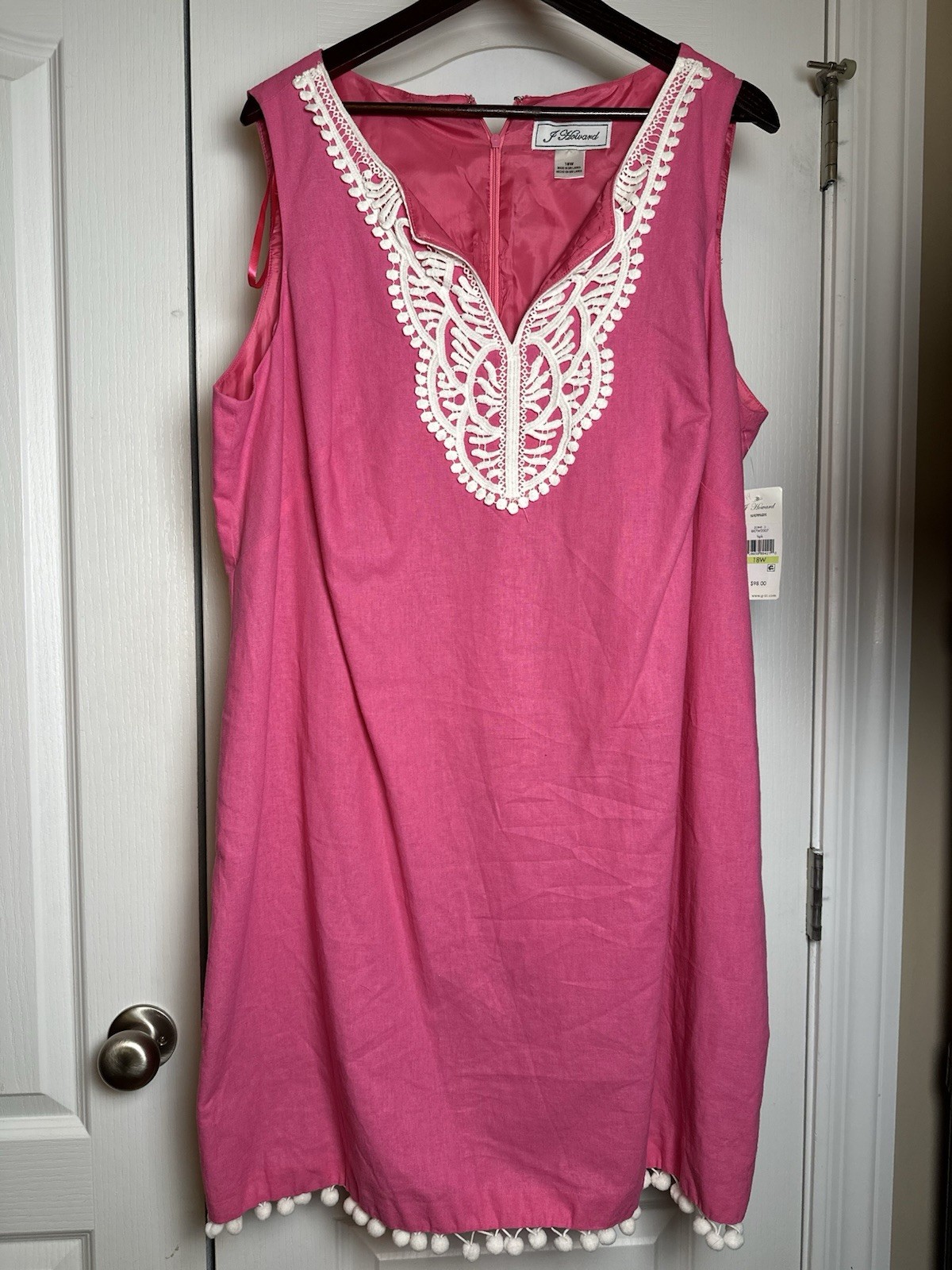 J Howard Linen Blend Pink Dress Size 18 Crochet Detail Sleeveless Pom Pom Hem
