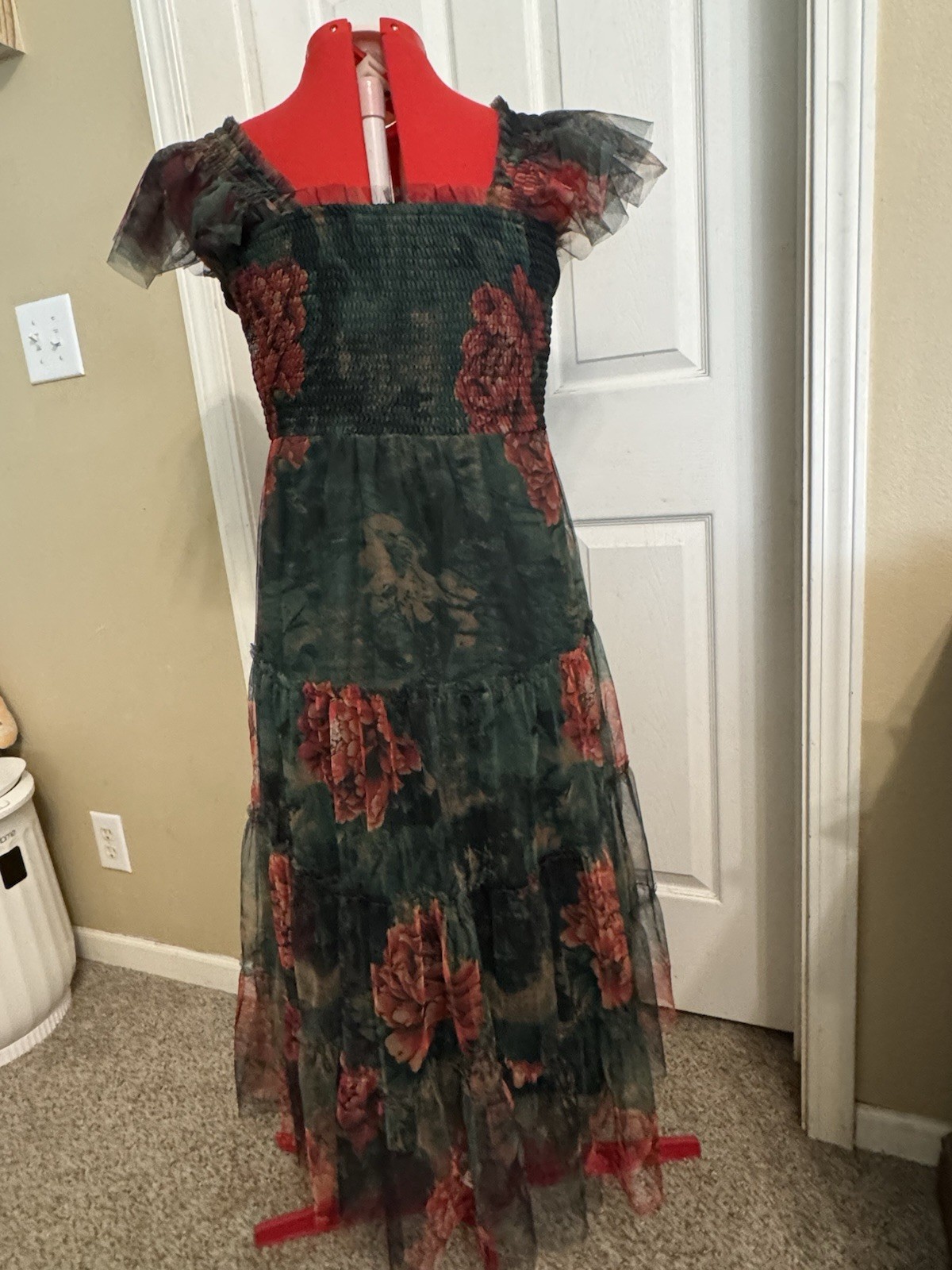 Baltic Born Green Floral Smocked Midi Dress L Tulle Puff Sleeve Cottagecore