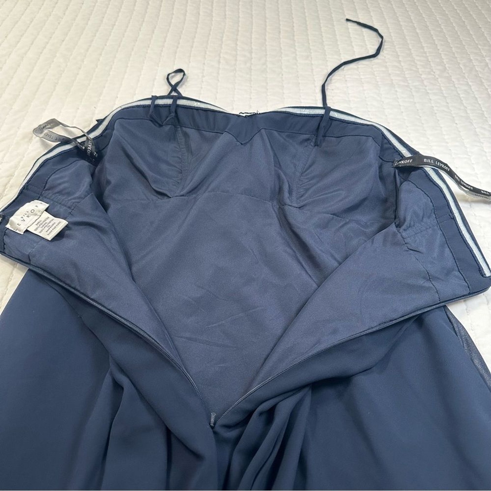 Bill Levkoff Strapless Chiffon With Straps Gown Navy Blue And Rhinestone Waist