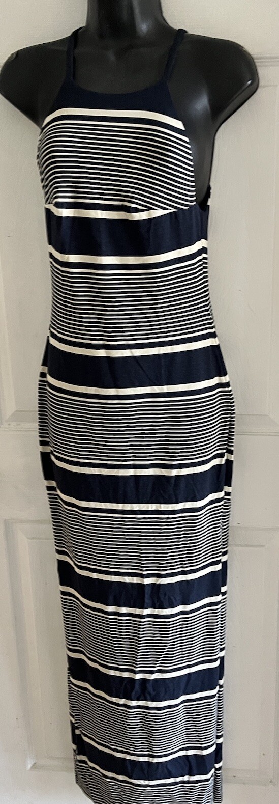 Nadia Tarr Blue White Striped High Neck Side Slit Maxi Dress Size Small