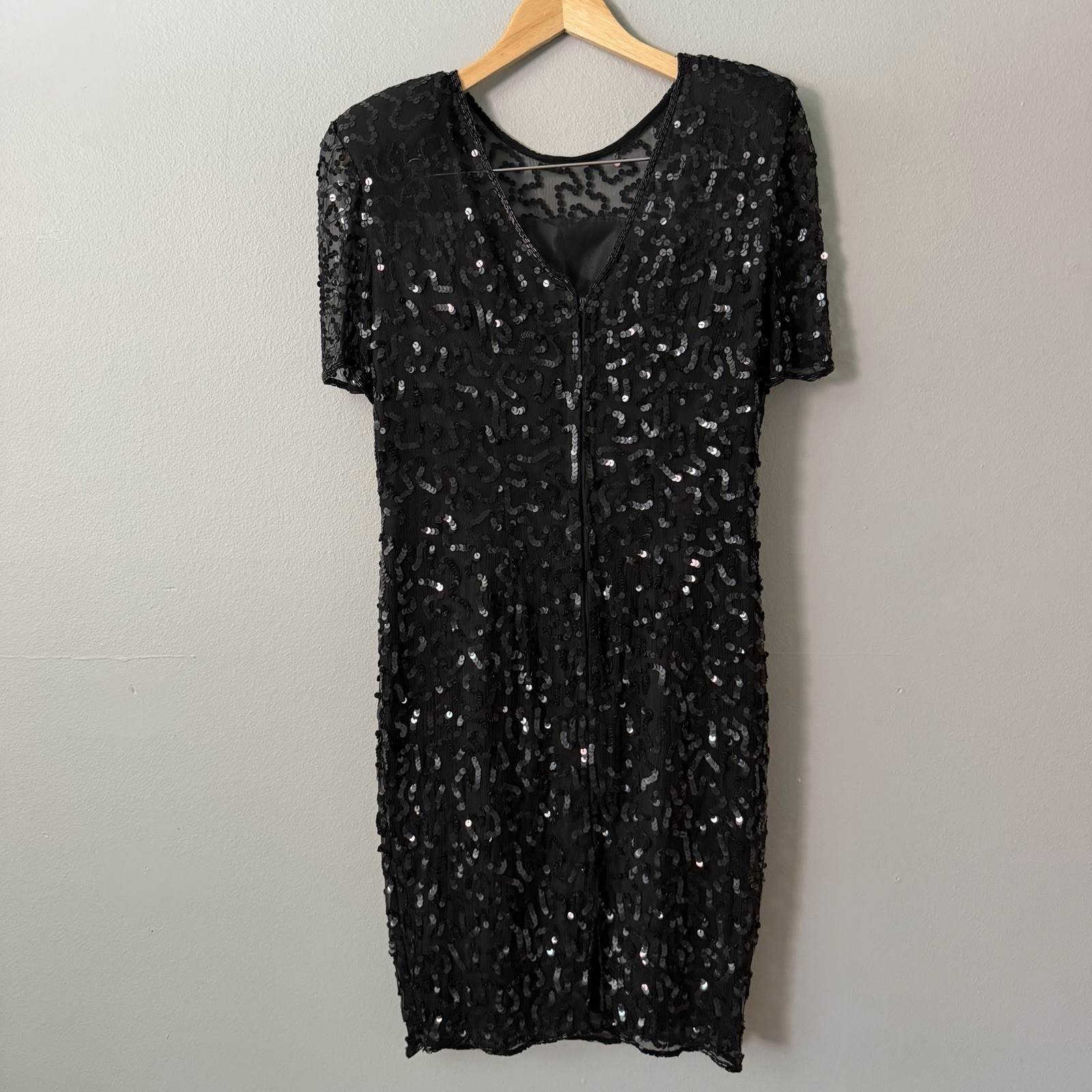 Vintage Leslie Fay Evenings Silk Sequin Beaded Cocktail Dress Black Size 8