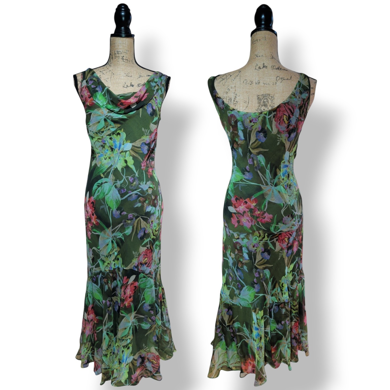 Vintage Y2K 100% Silk Green Botanical Bias Cut Sleeveless Dress UK 14/16 *US 12
