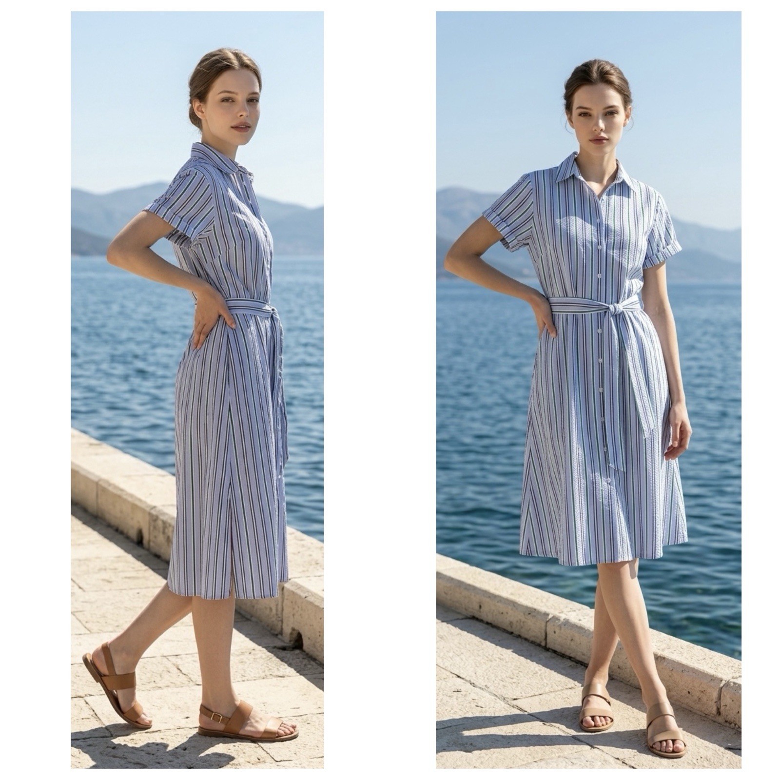 Zara Women’s Sz XS Striped Belted collared Midi Shirt Dress Pockets side slits