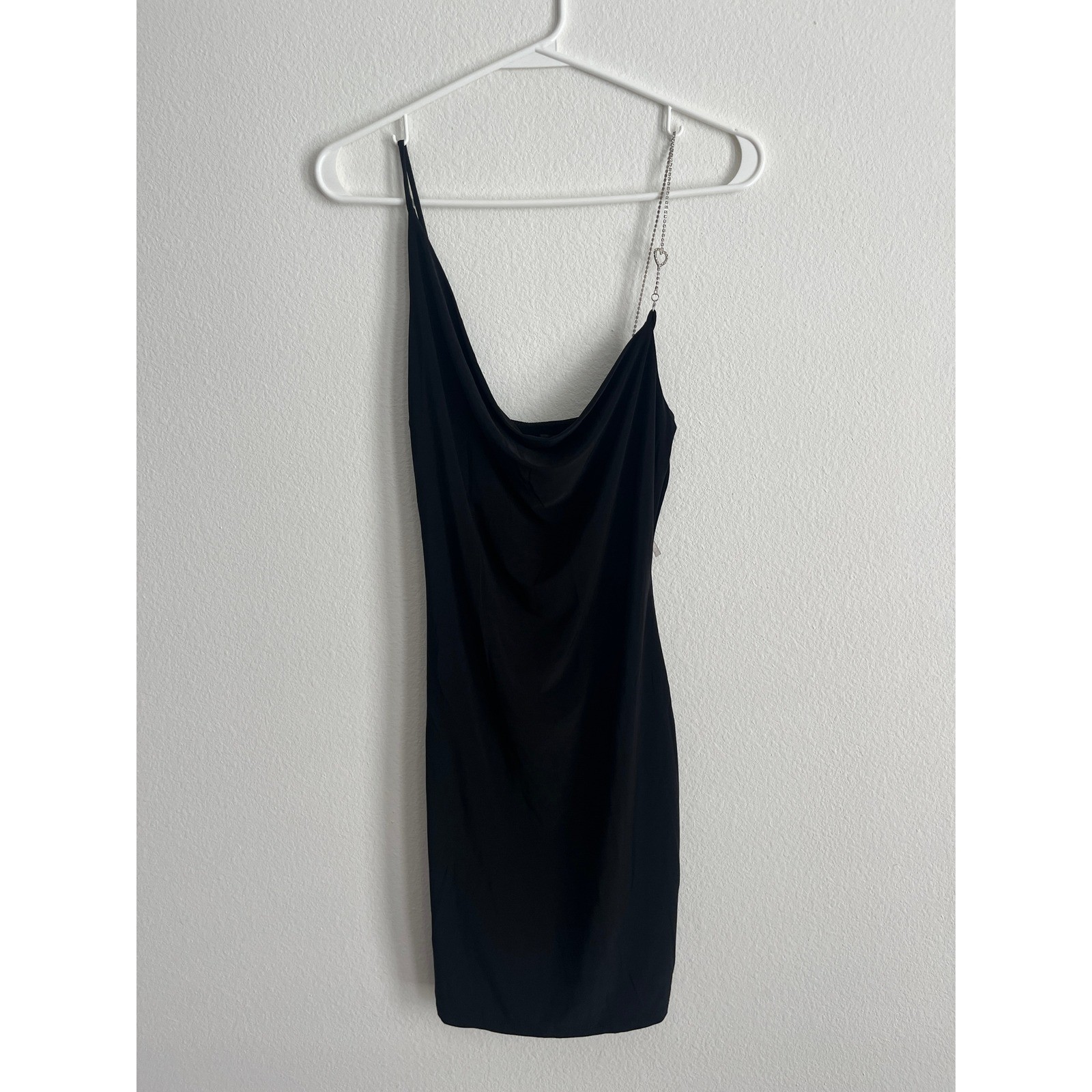 TRESSER Black Cowl Neck Mini Dress Heart Chain Strap Asymmetrical Bodycon LA