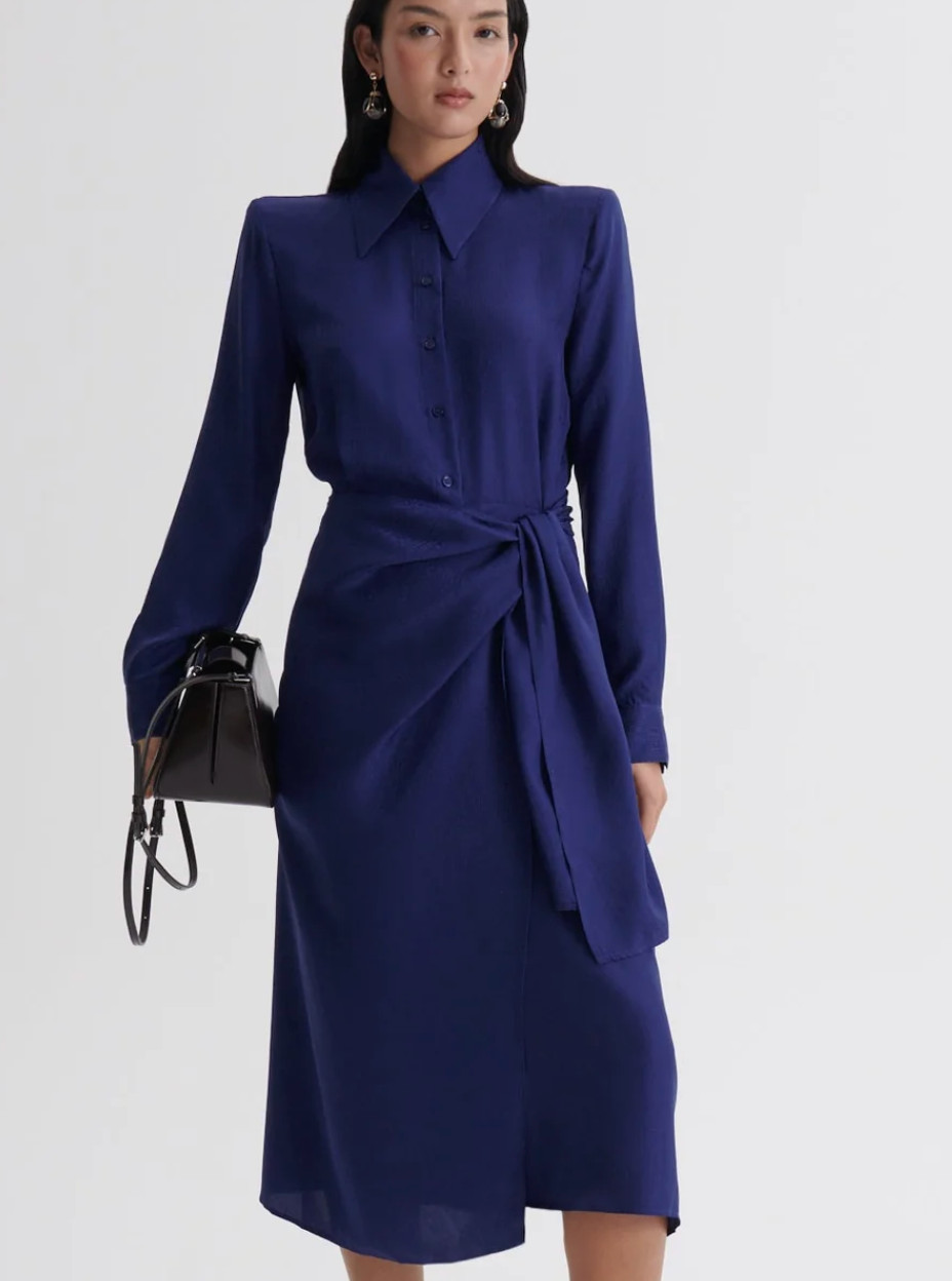 SCANLAN THEODORE Jacquard Silk Wrap Midi Dress In Ocean Dark Blue Size 12 RP$900