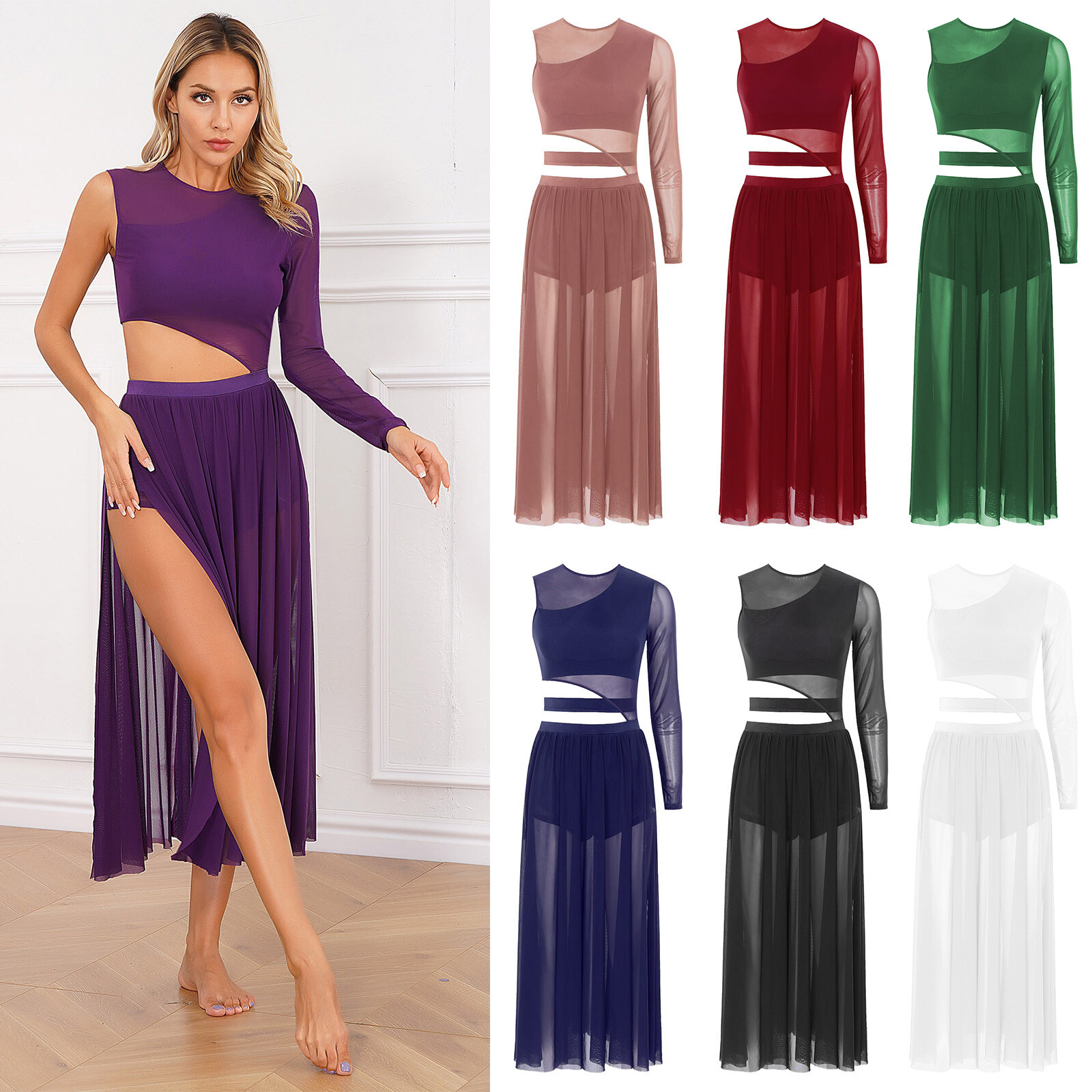 Womens Lyrical Dance Costume Side Split Figure Skating Dresses Round Neck