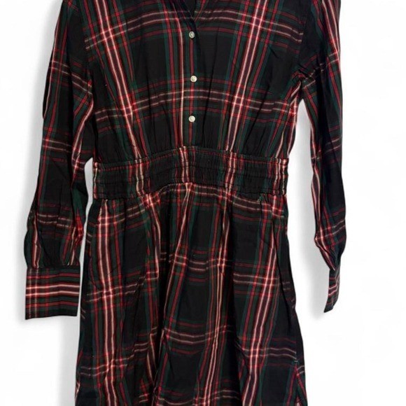 Free Assembly Womens Plaid Smocked Waist Mini Shirt Dress Red Green XS