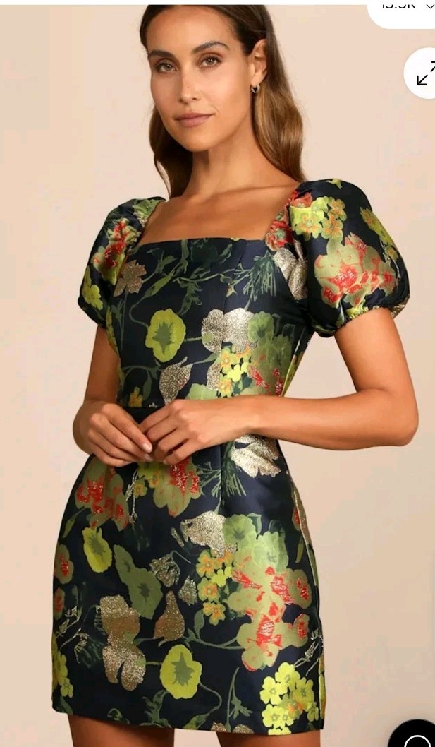NWT Lulus So Stunning Navy Blue Gold Floral Jacquard Puff Sleeve Mini Dress Larg