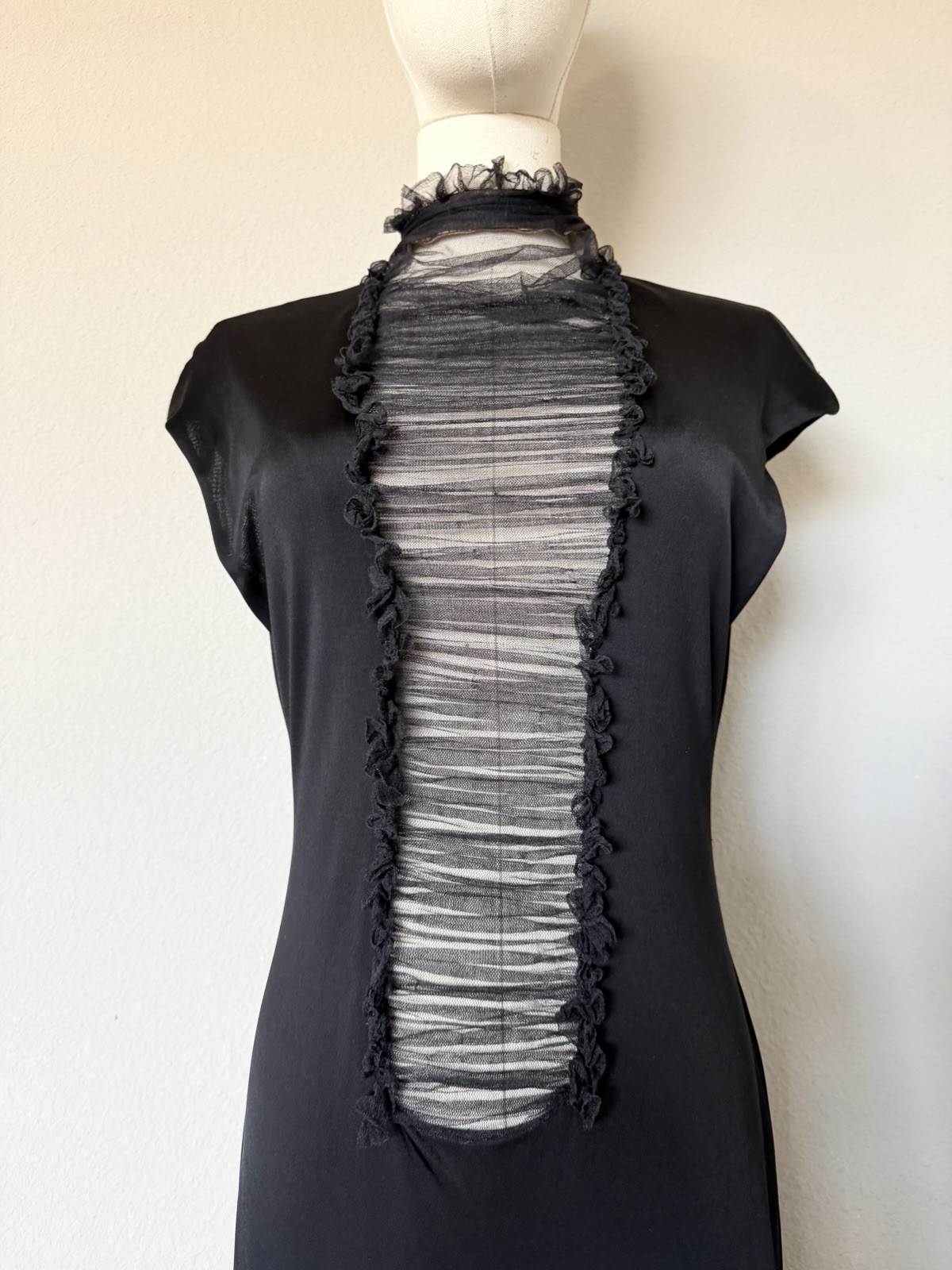 Y2K 90s Vintage Vera Wang Size 10 Black Rushed Mesh Midi Dress Silk Blend *READ