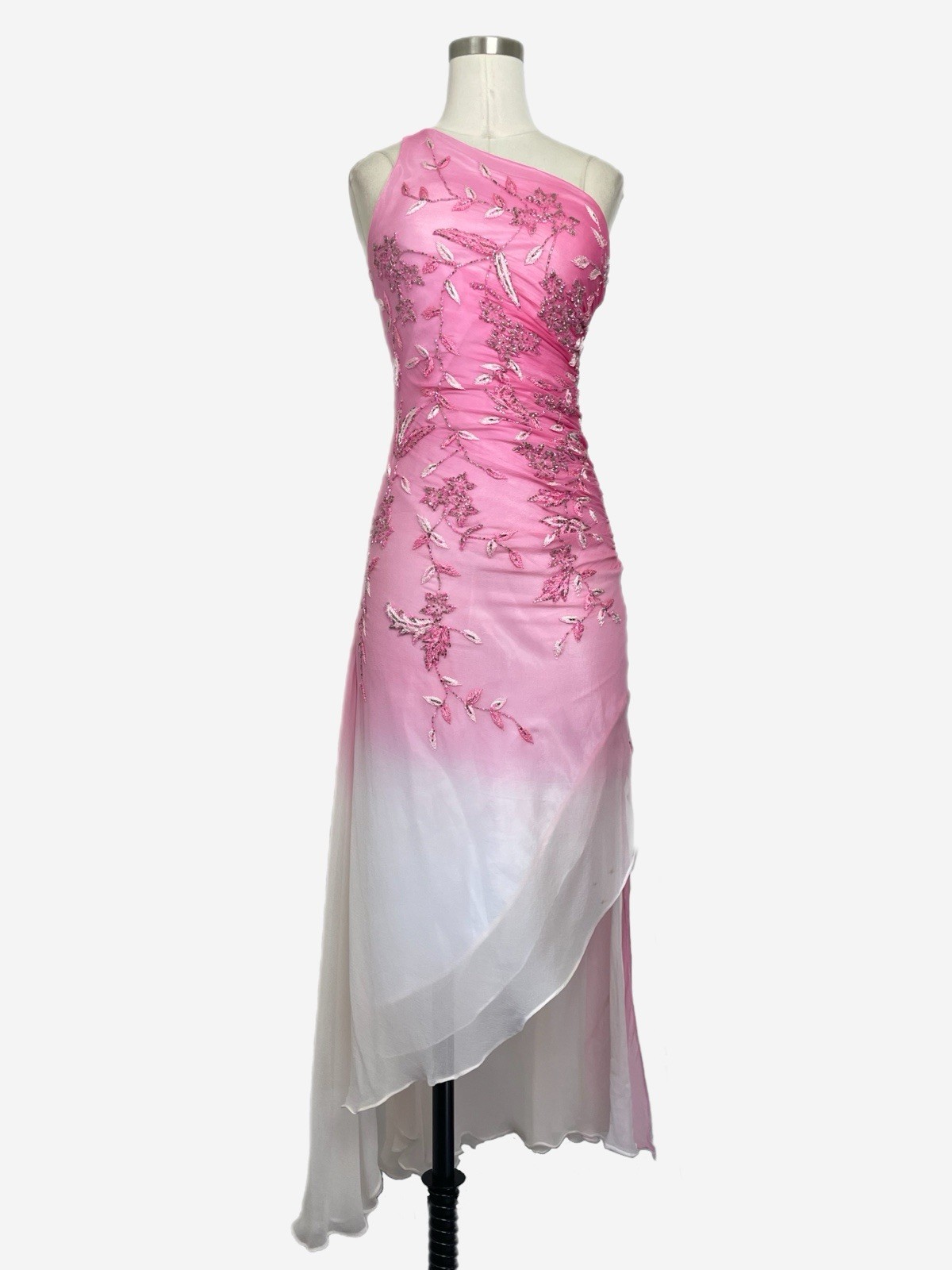 Vintage Y2K Cache Pink white silk ombre floral beaded asymmetric dress fairy XS