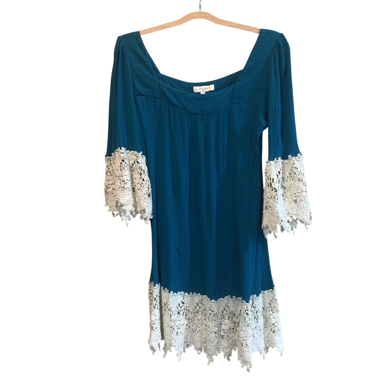 Umgee USA Dress Women’s XL Teal Crochet Lace Bell Sleeve Tunic Bohemian Peasant