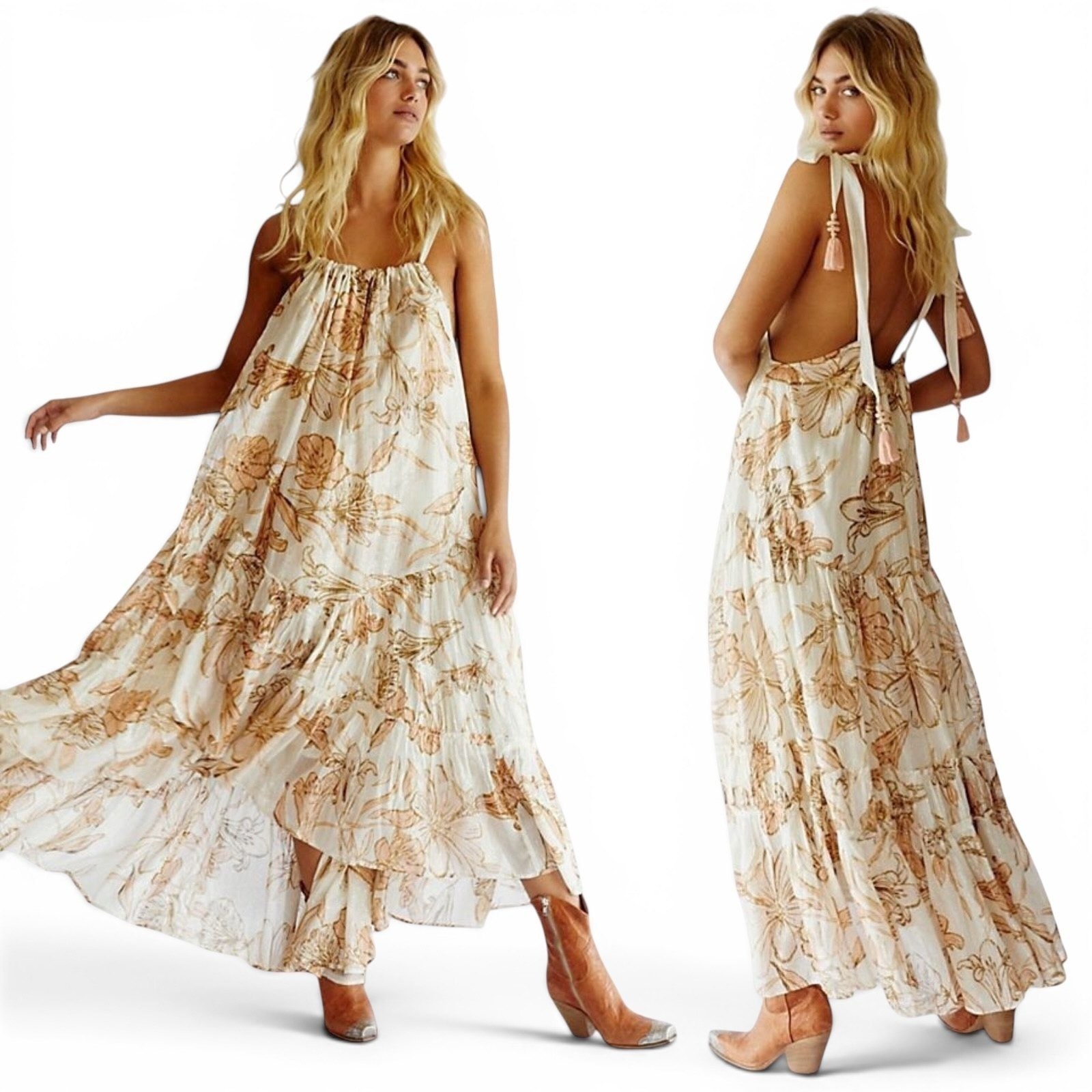 Free People Bare It All Metallic Lurex Floral Maxi Dress L Open Back OB1154918
