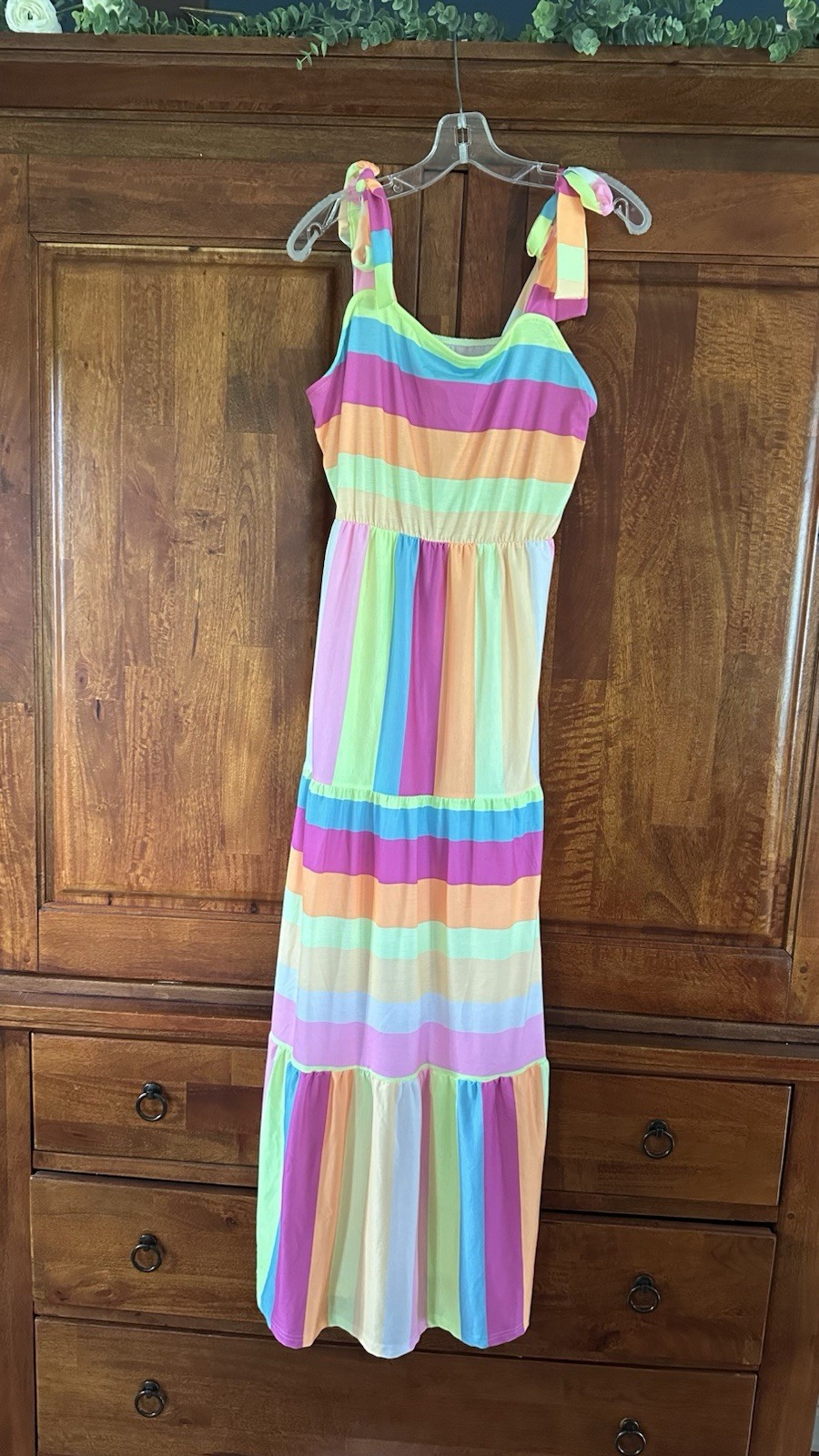 Multicolor Striped Maxi Sundress Bow Tie Straps Scoop Neck Stretch Sleeveless