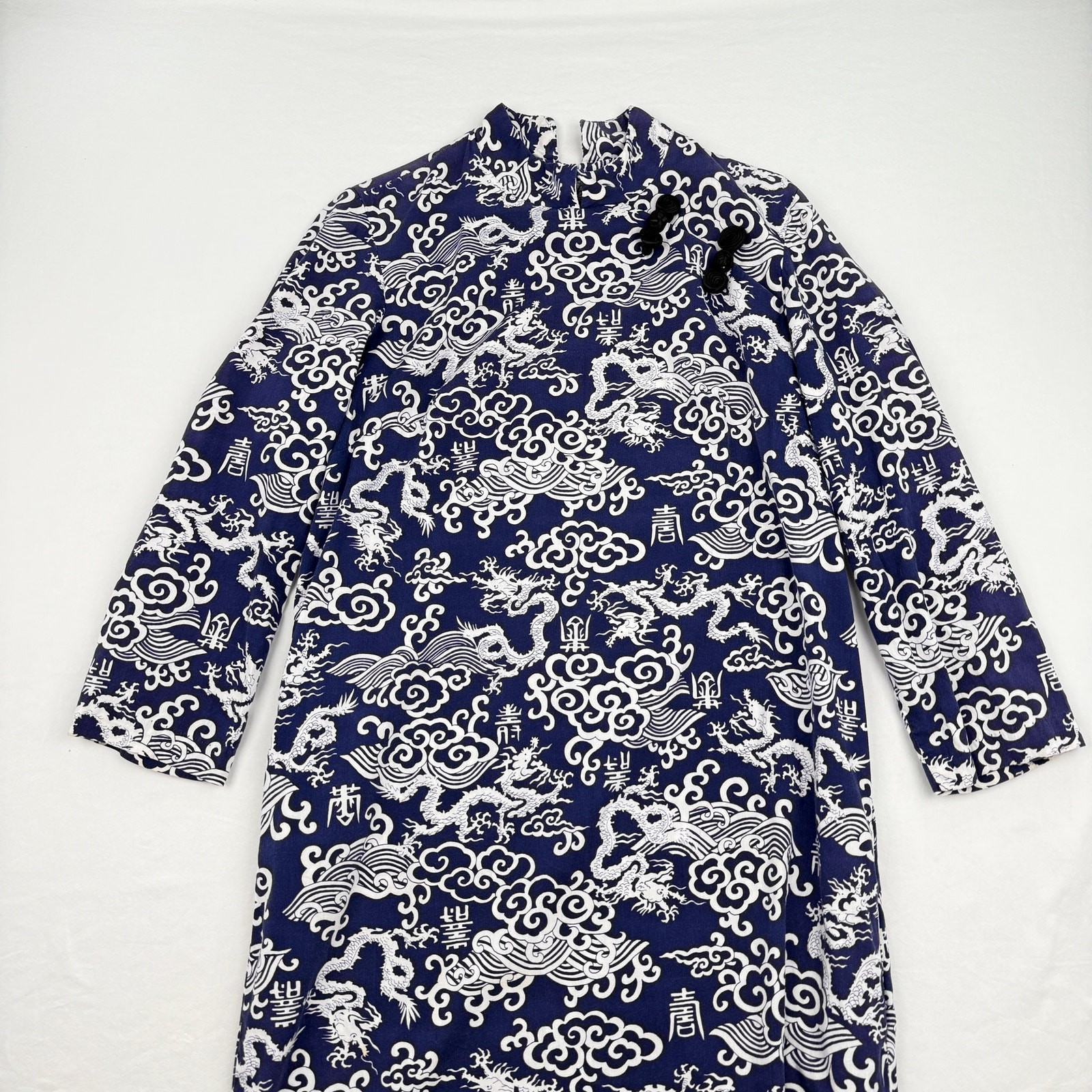 Vintage Chinese Style Maxi Dress Blue Dragon Print High Neck Asian Handmade