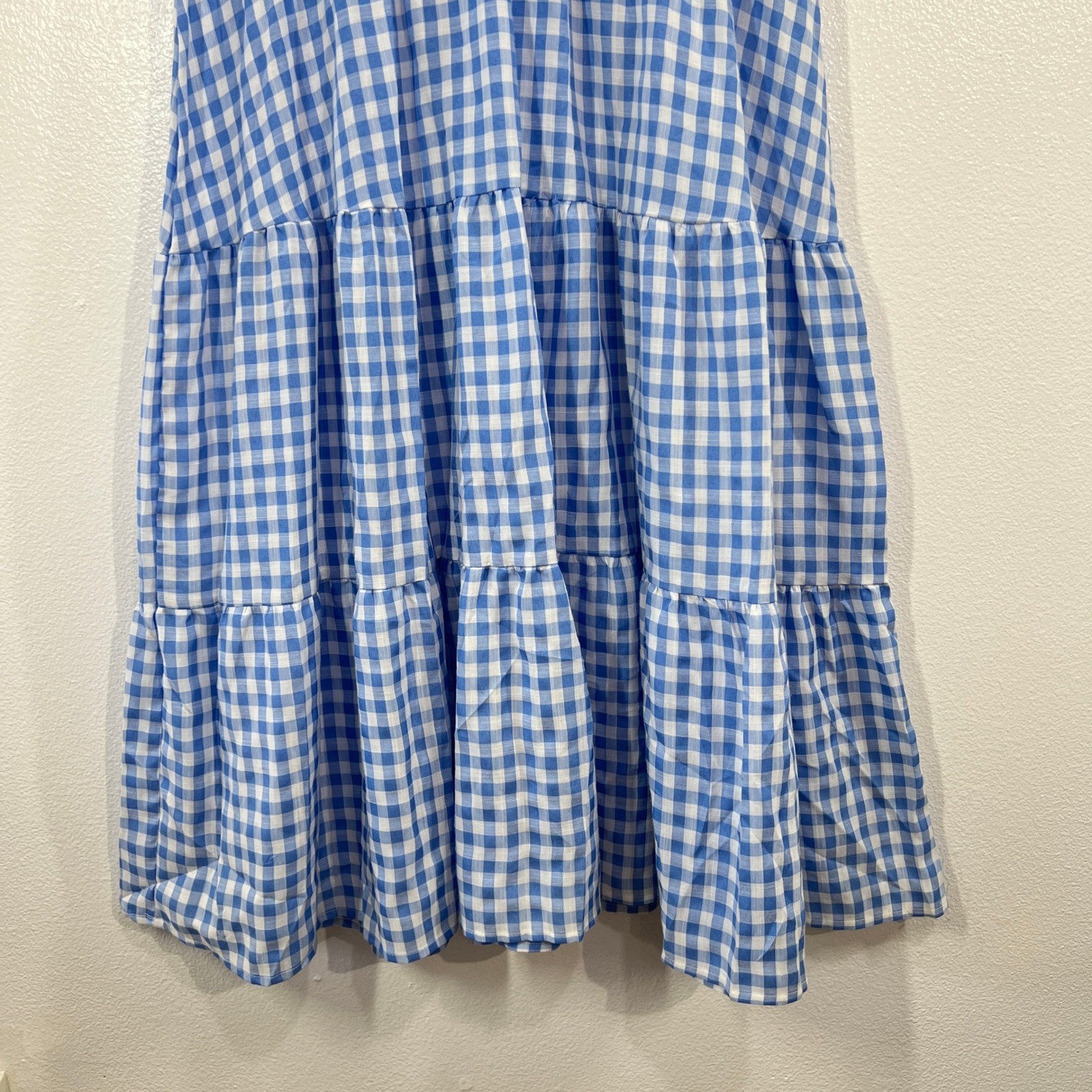 Chic Style Blue Gingham Tiered V-Neck Dorothy Midi Dress Size Large Cottagecore